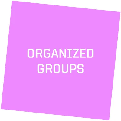 Pink tilted square with text "orginized groups"