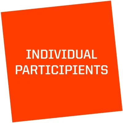 Orange tilted square with white text: individual participients